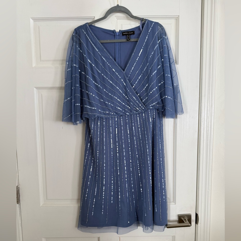 Papell Studio Elegant Blue Sequin Knee Length Dress